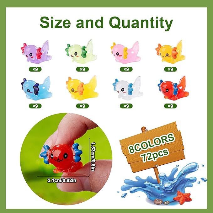 72 Pack Mini Animals Tiny Axolotl Figurines Glow in Night Bulk for Miniature Dollhouse Decor Accessories Garden Aquarium Potted Ornament Party DIY Charms Office Classroom Activity to Hide