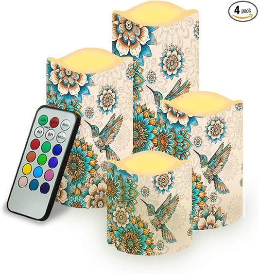 Ystardream Western Hummingbird Flameless Candles with Timer Led Candles Flickering 4 Candle Sets for Home Decor,18 Key Remote Control，Dancing Flames, True Wax, Battery Powered.