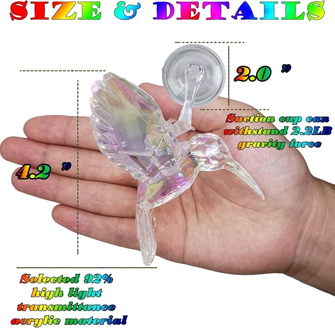 6 Pcs in 6 Colors Set Shiny Iridescent Hummingbird Hanging Ornaments with Suction Cup, Clear Acrylic Crystal Art Hummingbird Figurines Pendants Decorations for Christmas Xmas Tree.