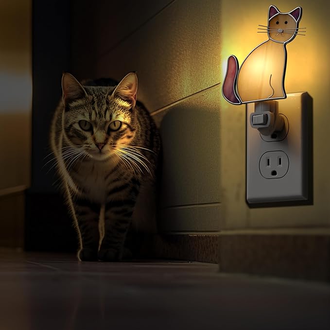 KY&BOSAM Cat Night Light Stained Glass Yellow Plug in Nightlight Decorative Wall Night Lights 7 Watt Bulb Accent Lite Night Memorial Gifts Pet Lost Sympathy Thoughtful Dogs and Cats Remembrance Decor