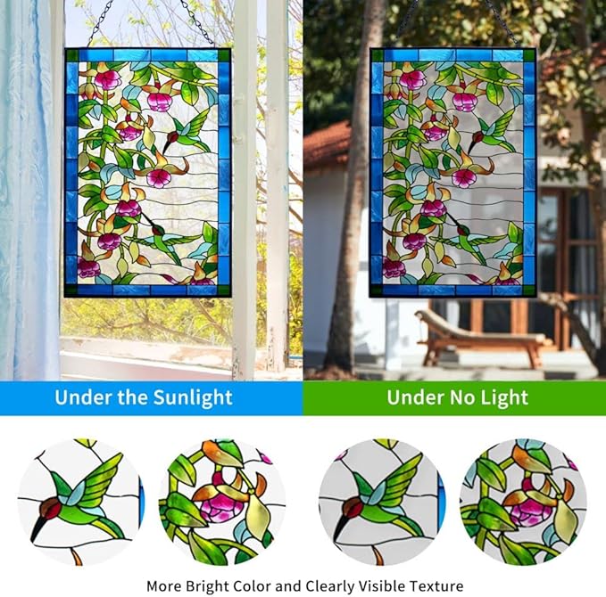 VEWOGARDEN Hummingbird Stained Glass Window Hangings, Bird Suncatcher Panel with Metal Chain for Windows Decor Indoor Outdoor (W10xH15 inch)