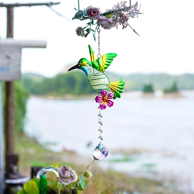 Stained Metal Hummingbird Suncatcher, Window Crystal Prisms Sun Catcher Hanging Ornament Rainbow Maker Bird Garden Wall Art Fence Decorations