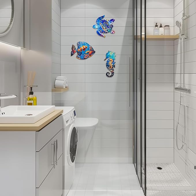 LIFFY Metal Fish Wall Decor Fish Metal Wall Art Ocean Themed Sea Turtle Fish Seahorse Coastal Wall Sculpture, Nautical Outdoor Decor For Garden, Fence, Patio, Pool,Beach,Bathroom (3 Pcs)