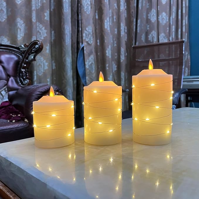 Battery Operated Flameless LED Candles: with Embedded String Lights, 3 Pack Flickering Electric Candle with 10-Key Remote Control for Seasonal Festival Celebration Real Wax(Batteries not Included)