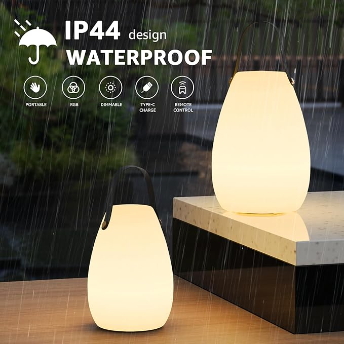 uuffoo Portable Outdoor Table Lamp, Dimmable Cordless Lamp with Remote and 7 RGB Colors IP44 Waterproof Hanging Lamp Indoor/Outdoor Night Lamp Lantern for Bedroom Garden Dining Camping