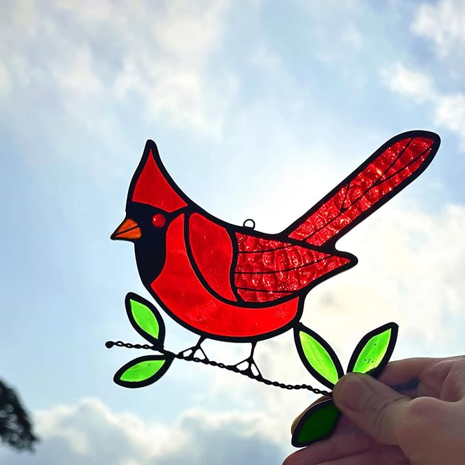 2 Packs Stained Glass Red Cardinal Memorial Gifts for Women, Stained Glass Window Hanging, Red Cardinal on Branch Ornament Suncatcher, Handmade Bird Decor Gift for Mom, Bird Lover