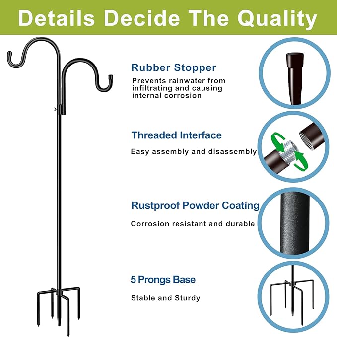 Double Shepherds Hook for Outdoor,78 Inch Bird Feeder Pole with 5 Prongs Base,Adjustable Heavy Duty Garden Hanging Holder for Hanging Plant,Solar Light,Weddings Decor,Hummingbird Feeder（1 Pack）