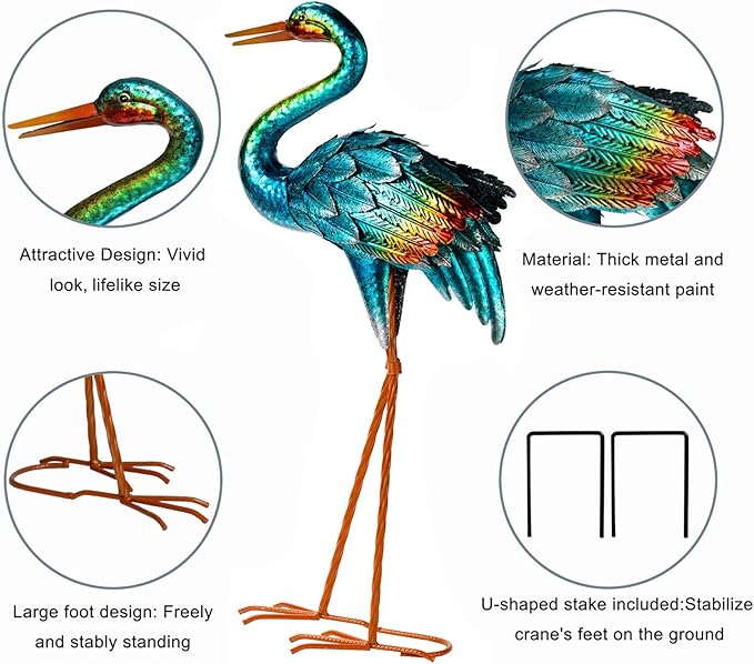 Natelf Crane Statues for Garden Decor, Blue Heron Sculptures, Metal Large Birds Lawn Sculptures & Statue for Patio Pond, Yard Decorations, Set of 2