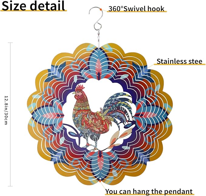 Outdoor Chicken Decoration Wind Spinner Sculpture Art,Metal Clearance Ornament, Chicekn Themed Gifts for Women Rooster Lover,Yard Garden Toy,Hanging Windsock