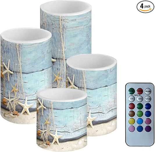 Flameless Candles 4 Pcs, Battery Powered with Timer Remote Control Color Changing Everlasting Pillar Candle Set Indoor Outdoor Coastal Decor, Beach Starfish with Blue Wood Grain
