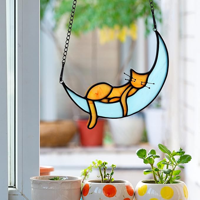 BOXCASA Sleeping Cat Stained Glass Windown Hanging,Orange Cat on Moon Beautiful Handcrafted Sun Catcher Gifts for Daughter,Mothers Day,Christmas and Cat Lover