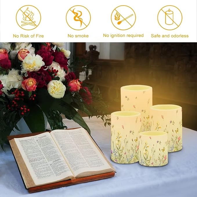 LED Flickering Candles Battery Operated Candles Set of 4 with Remote Control Timer Dancing Flame Pillar Candles Home Table Decoration, Floral Green