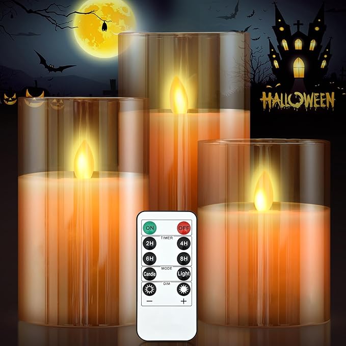 JOSU Flameless Candles 4" 5" 6" Set of 3 Outdoor Indoor Fake Pillars Gold Glass LED Battery Operated Candles Include 10-Key Remote Timer for Wedding Party Halloween Christmas Thanksgiving Fall Diwali