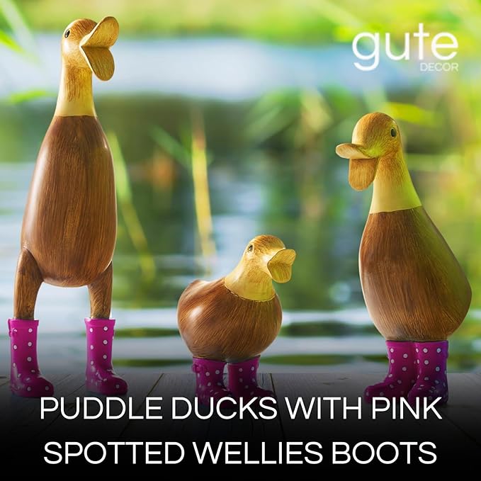 GUTE Duck Yard Decorations Yard Art Garden Puddle Ducks with Pink Spotted Wellies Boots, Valentine's Day Yard Statues, Duck Figurine Statue - Waterproof Indoor & Outdoor Lawn Ornament