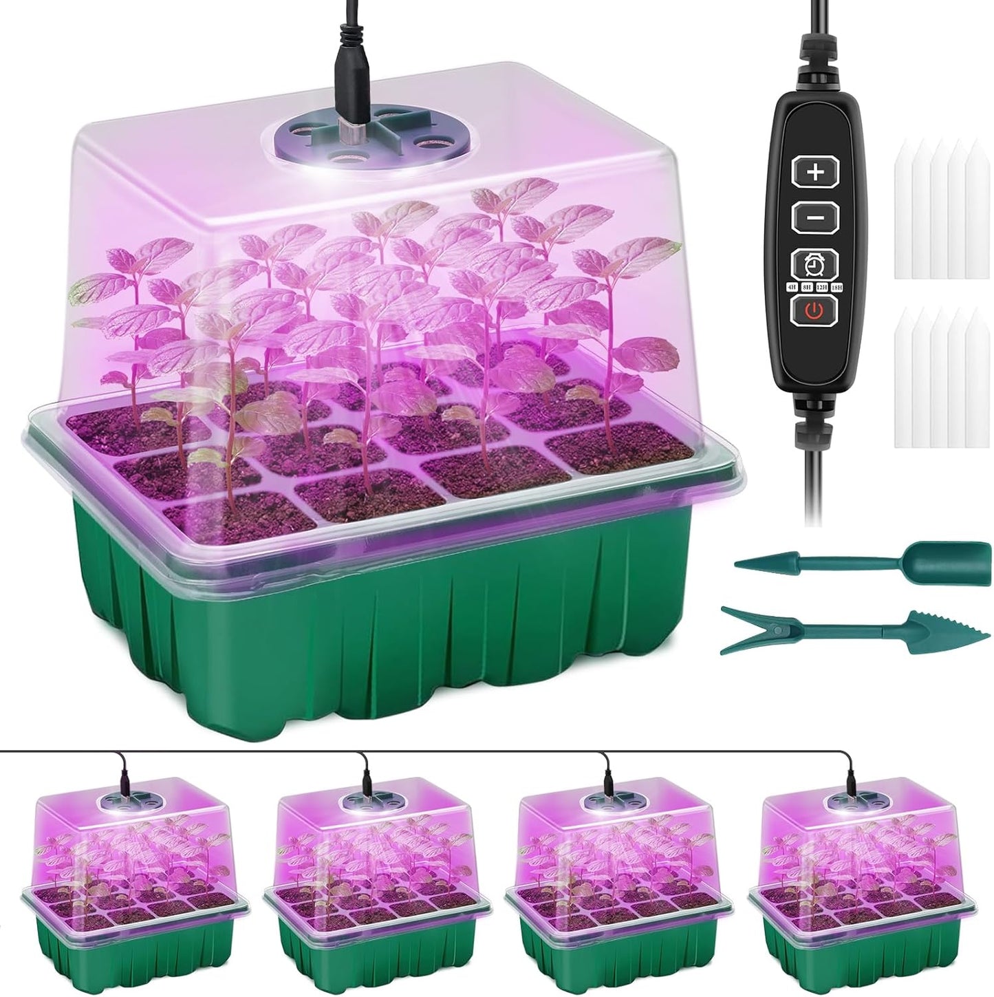 Seed Starter Tray with Plant Light, 4 Pack Grow Lights for Seed Starting Kit with Humidity Domes, Timing Controller Adjustable Brightness for Greenhouse Propagator Station Planting Growing