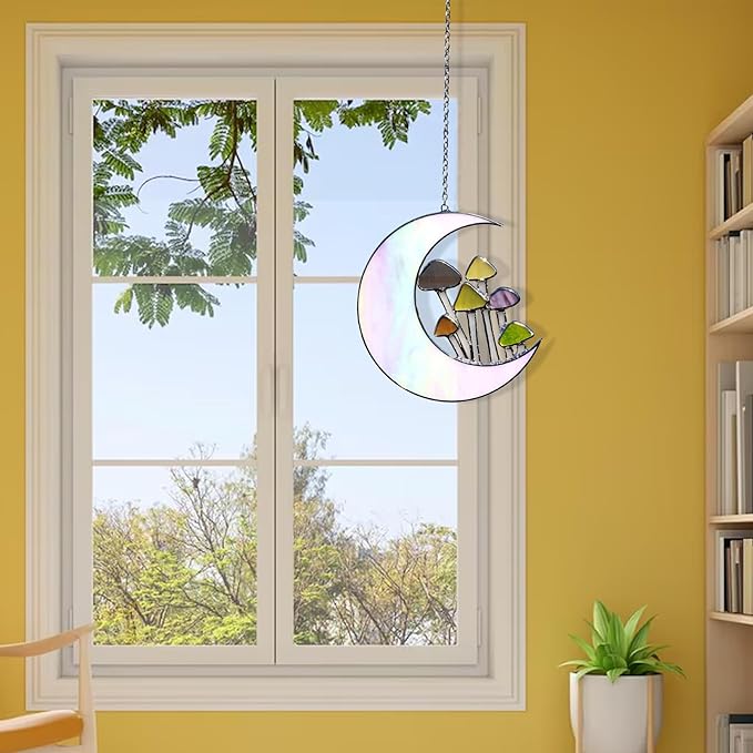 Sensory4U Mushroom Moon Stained Glass Suncatcher - Earth Tone Modern Window Hanging Wall Art - Home Decor or Garden Suncatcher for Natural Light Reflection