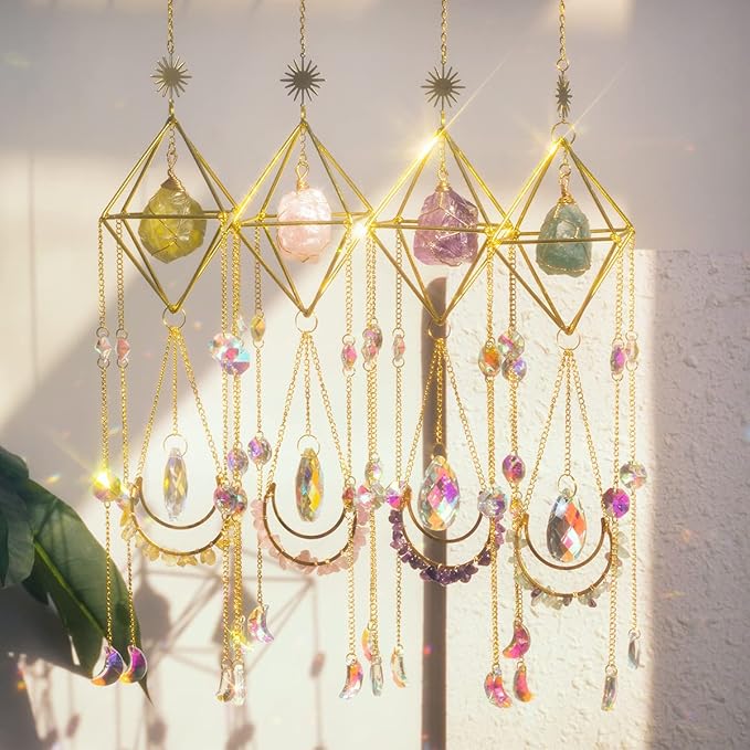 Suncatcher Amethyst Crystal Boho Decor, Spiritual, Purple Gemstone Sun Catcher Hanging for Windows, Rainbow Maker, Crystal Boho Hanging, Natural Stone (Amethsyt)