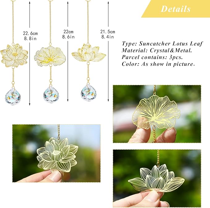 H&D HYALINE & DORA Suncatchers Lotus Leaf Pendant with Crystal Prisms Window Hang Sun Catcher Ornament Rainbow Maker for Home Garden Rearview Mirror Charms, Pack of 3