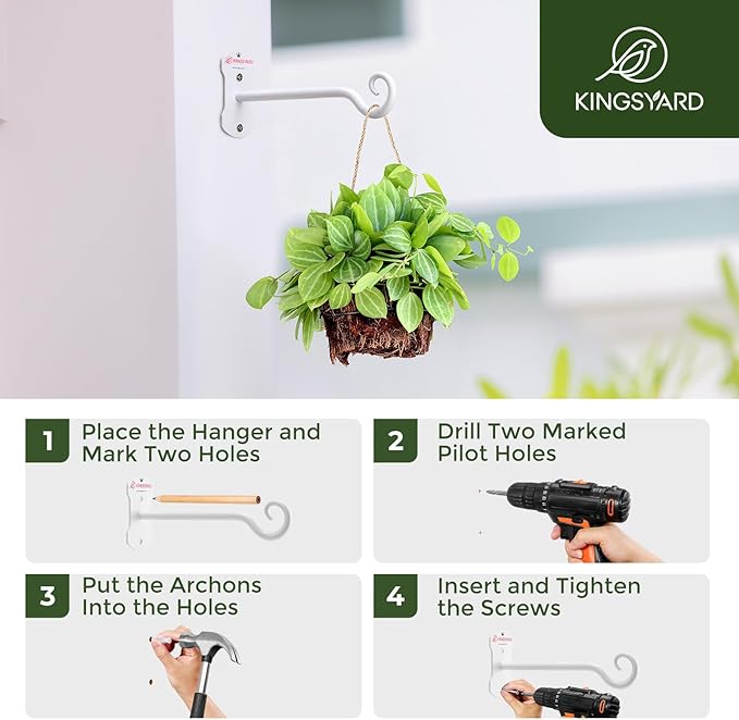 Kingsyard 4 Pack Wall Plant Hanger - Heavy Duty Metal Hanging Bracket Hooks for Hanging Plant Bird Feeders Lanterns Wind Chimes Indoor/Outdoor. White