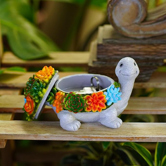 Outdoor Turtle Key Hider Statue - Cute Succulent Turtle Hide a Key Outdoor Decorative - Small Gift Box for Women, Home Decor & Turtle Gifts (Turtle)