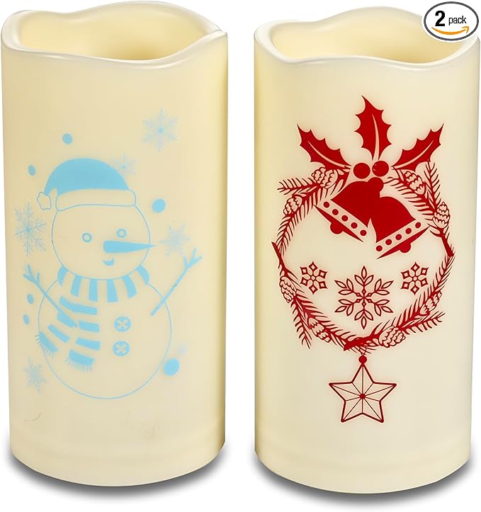Outdoor Battery Operated Flameless Pillar Candles Auto Daily Timer Waterproof Realistic Flickering Electric LED Lights Wreath Jingle Bell Snowman Decals Christmas Decoration 3”X6” 2 Pack
