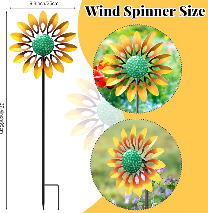 Sunflower Standing Wind Sculpture, Outdoor Wind Spinner with Stake, Metal Windmill for Garden, Lawn Yard Art Decorations (1pcs-Yellow)