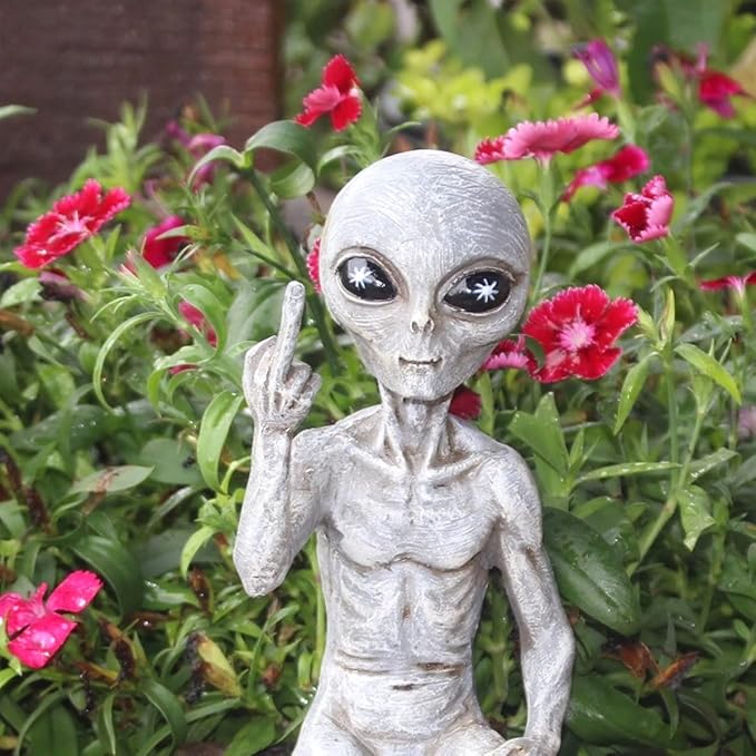 Rude Alien Statue “Flipping The Bird” 10″ H Shelf Sitter Extraterrestrial Figurine Funny Home or Garden Decoration (Alien Gray)