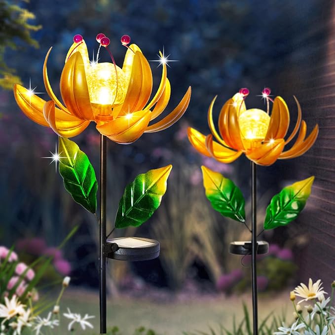 Solar Lights Wind Spinners for Yard and Garden - Metal Lotus Flower Windmills LED Crackle Glass Globe Outdoor Garden Decor Yard Art Lawn Ornament