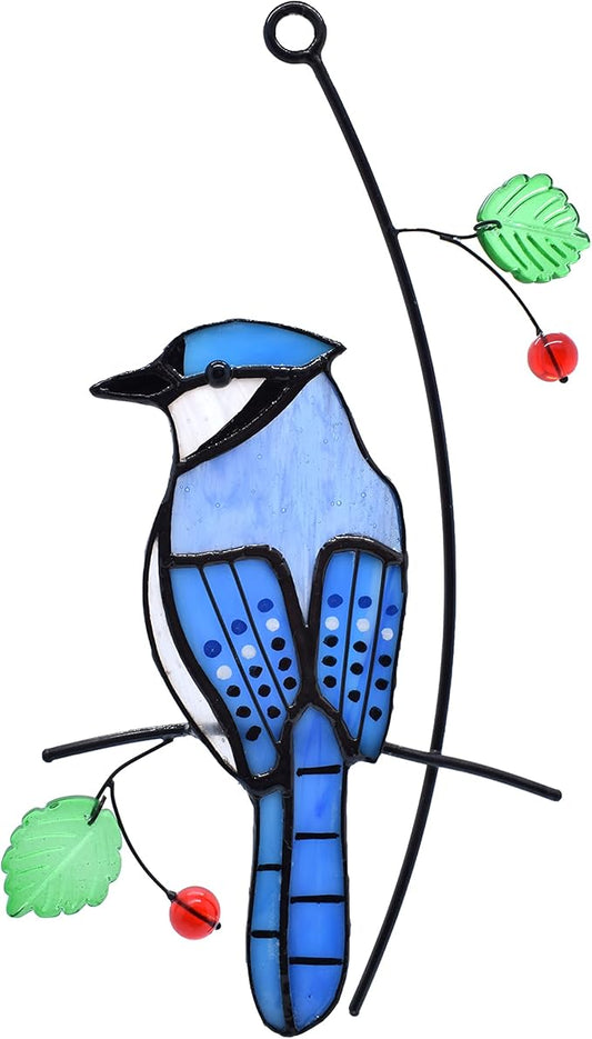 Lolitarcrafts Blue Jay Modern Stained Glass Window Hangings Blue Birds Suncathers for Window