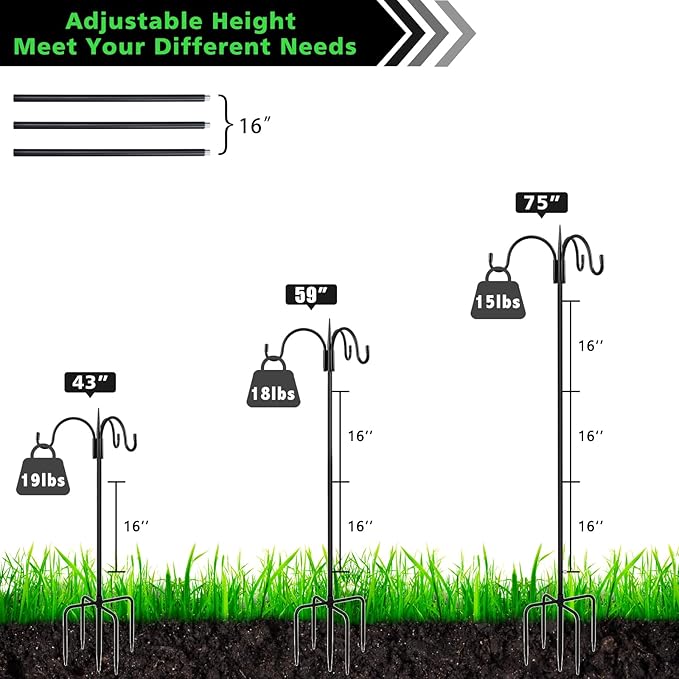 FEED GARDEN [Upgrade Version 76 Inch Three Shepherd Hooks for Outdoor,Bird Feeder Pole with 5 Prong Base, Adjustable Shepard Hooks for Hanging Plant, Solar Lanterns, Wind Chimes, 2 Pack