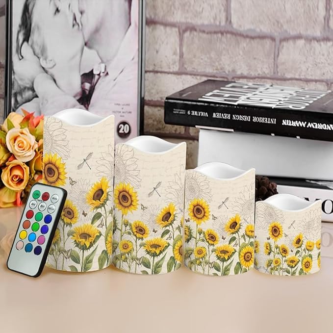 Ystardream Elegant Sunflower Flameless Candles Color Changing LED Candles with Remote Control Battery Candles for Outdoor and Indoor Home and Room Decoration,Backpack Set of 4 Piece
