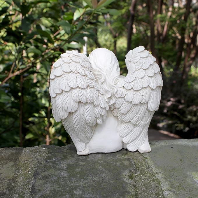 Angel Garden Statue, Sitting Angel Sculpture, Resin Angel with Bird Figurine for Patio Yard Porch Lawn Outdoor Decor Home Shelf Sitter Memorial Spiritual Gifts