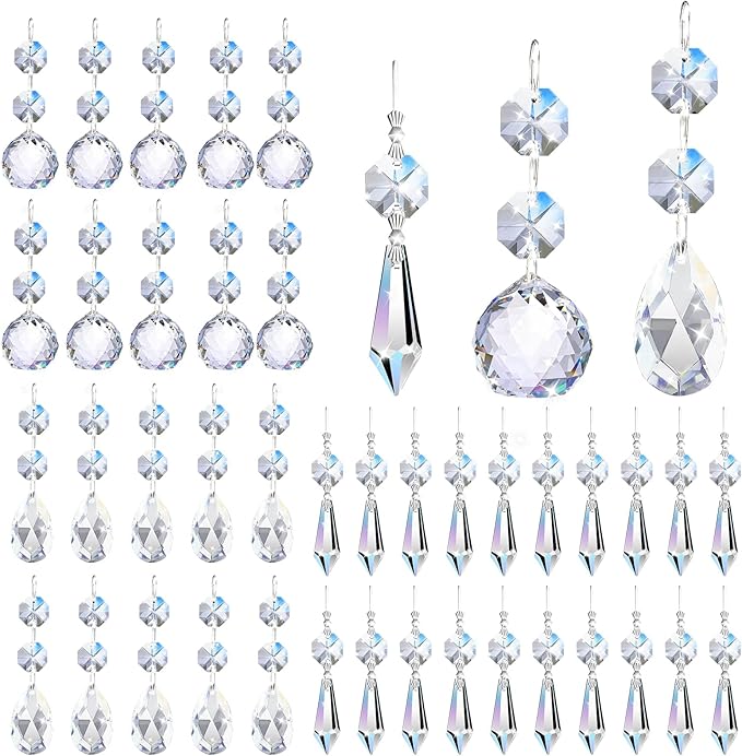 44 Pack Chandelier Crystal Prism Replacement, 38mm Hanging Clear Crystal Glass Bead Prisms 20mm Chandelier Crystals Modern for Foyer Wedding Lamp Windows Christmas Tree Decoration