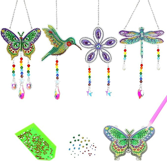 Bingcute Diamond Art Painting Suncatchers, 4 pcs Sun Catchers Diamond Art Painting Kits for Kids DIY Crafts for Adults Hummingbird Prism Crystal Suncatchers Wind Chime Windows Garden Decorations