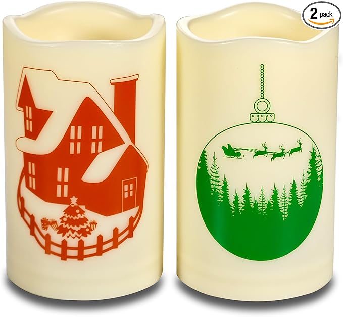 Outdoor Battery Operated Flameless Pillar Candles Auto Daily Timer Waterproof Realistic Flickering Electric LED Lights Snow House Christmas Ball Tree Decals Xmas Decorations 3”X5” 2 Pack