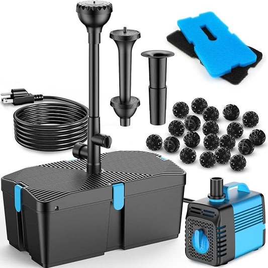 Pond Filter with Fountain Pump Kits, 660GPH Pond Pump and Filter Kit with 50W Submersible Water Pump, Pond Filters for Outdoor Ponds Clean Koi Pond Filter