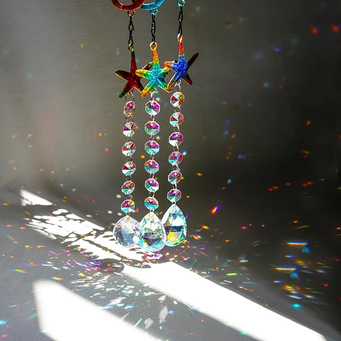 3PCS Metal Seahorse & Starfish Hanging Sun Catchers with Crystals, Colorful Crystal Prisms Stained Glass Suncatcher, Rainbow Maker Pendant Indoor Outdoor Patio Fence Decor
