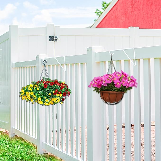 Zacool Vinyl Fence Hooks-4 Pack 5 x 10 Inches Heavy Duty White Patio Hooks Coated Steel Fence Hangers for Hanging Plants Bird Feeders,Lights,Basket,Pool Tools