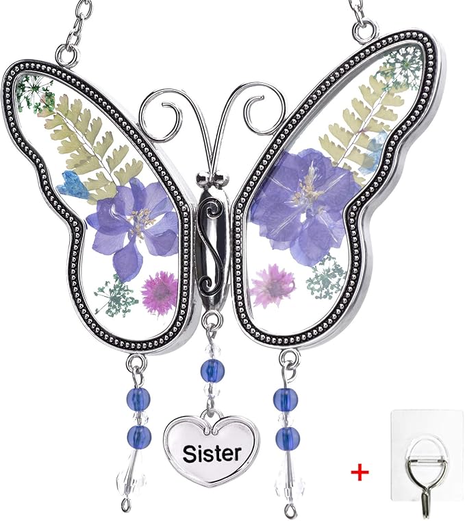 Laraine Butterfly Suncatcher with Pressed Flower Wings Mom Mother's Day Butterfly Glass Wind Chime Ornament Charm with Metal Heart Gifts for Mom Grandma Birthday ((Purple Sister (with Free Hook))
