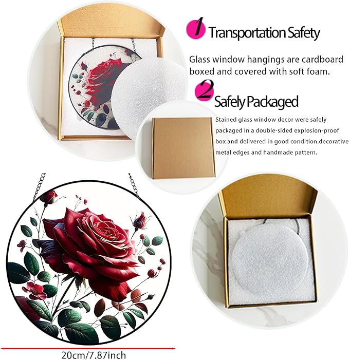 RIVEENY Red Rose Stained Glass Window Hanging,8" Valentines Day Rose Gifts for Wife Girlfriend,Birthday Gift for Women, for Mom Grandma Aunt Sister