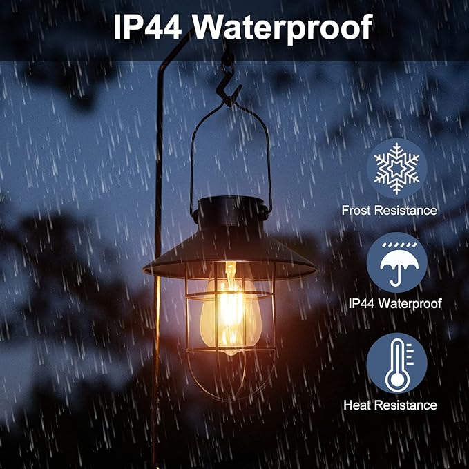 pearlstar Solar Lanterns Outdoor Metal Solar Powered Hanging Lights Waterproof for Wall Yard Garden Patio Garage Balcony Porch Fence Decor, Warm White Edison Bulb,with Wall Mount Kit（Black-1pack）