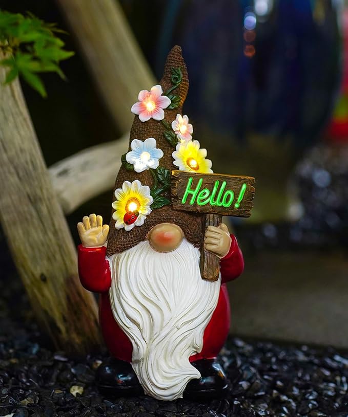 Solar Gnome Garden Statue for Decor: Outdoor Figurines Sculpture with Lights and Hello Sign for Lawn Patio Yard Balcony - for Mother Women