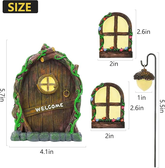 Miniature Fairy Garden Accessories Fairy Door and Windows for Trees, Glow in The Dark Yard Garden Sculpture Lawn Ornament Mini Garden Art Outdoor Decor Accessories with Lantern