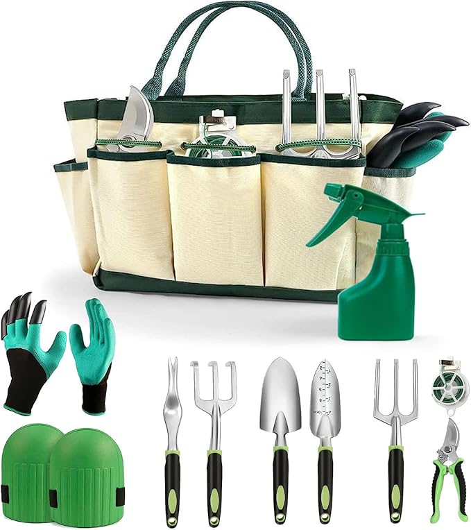 Gardening Tools - 11Pcs Heavy Duty Garden Tool Set with Non-Slip Rubber Grip,Aluminum Alloy Starter Kit with Garden Bag, Durable, Ergonomic, Ideal Gardening Gifts for Women, Mom, Men
