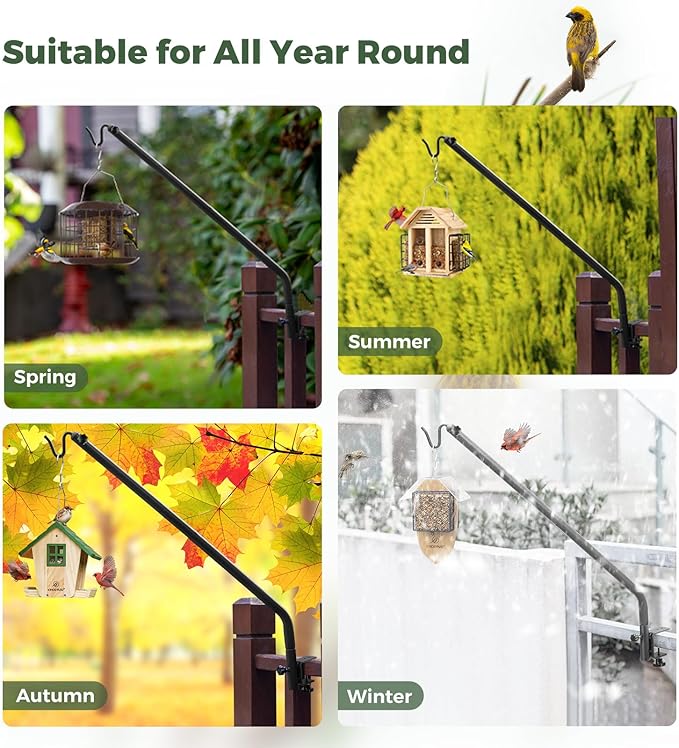 Kingsyard 2 Pack Heavy Duty Deck Hook, 27"-39" Adjustable Metal Deck Railing Hooks for Hanging Bird Feeders, Planters, Suet Baskets, Lanterns, Wind Chimes, Clamp Mounted