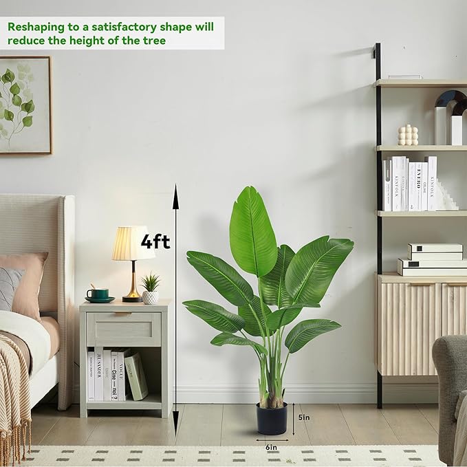 Lifelike Bird of Paradise Silk Artificial Plant Faux Banana Leaf Tree for Home Decor - Perfect Indoor Floor Plant with 9 Trunks (1, Black Planter, 4 FT)