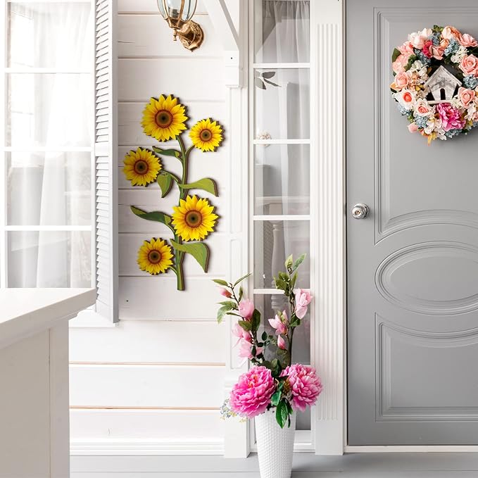 Ferraycle Wooden Sunflower Wall Decor Hanging Sunflower Outdoor Decor Rustic Flower Wall Art Yellow Large Farmhouse Wooden Signs for Indoor Bathroom Porch Patio Bedroom Accessories(Sunflower,Wooden)