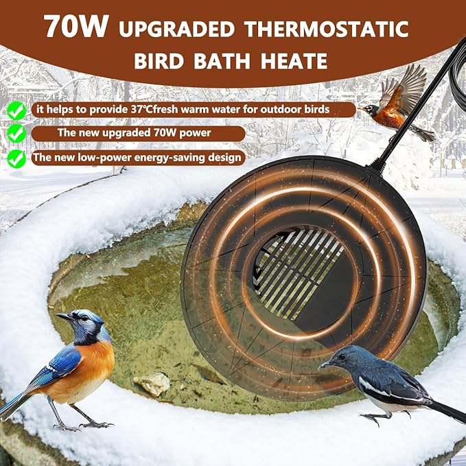 Bird Bath Heater Pond Heater 70W Shallow Water Pond deicer Energy-Saving, thermostatically Controlled Winter Outdoor with a Protective Socket Cover (Single ice Melter)