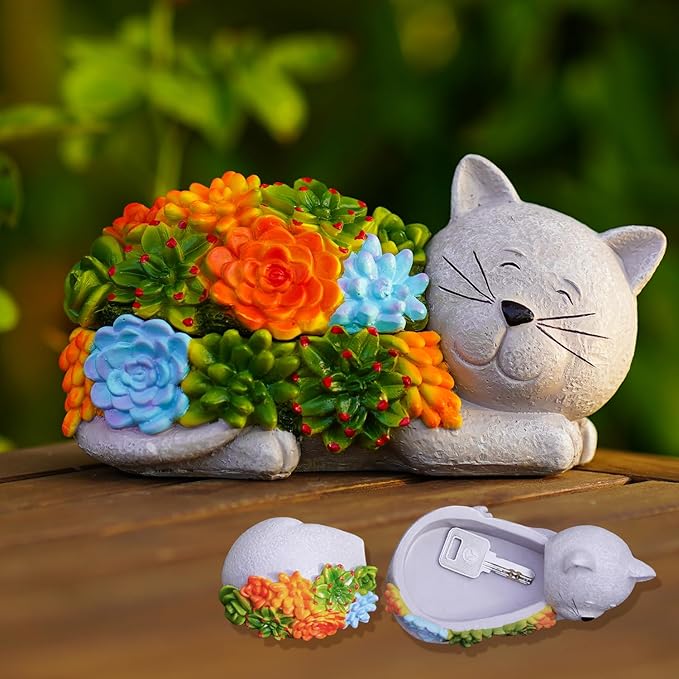 Outdoor Cat Key Hider Statue - Cute Succulent Cat Hide a Key Outdoor Decorative - Small Gift Box for Women, Home Decor & Cat Gifts (Cat)