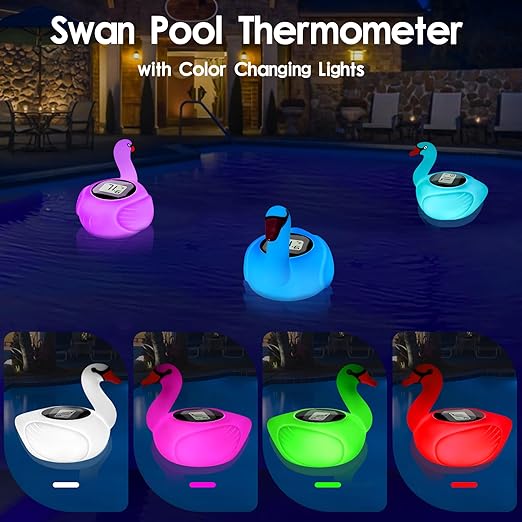 KingSom Digital Pool Thermometer,Solar Pool Thermometer Floating Easy Read with Color Changing Swan Light,Floating Pool Thermometer with Large LCD Screen and String,Pond Water Temperature Thermometer